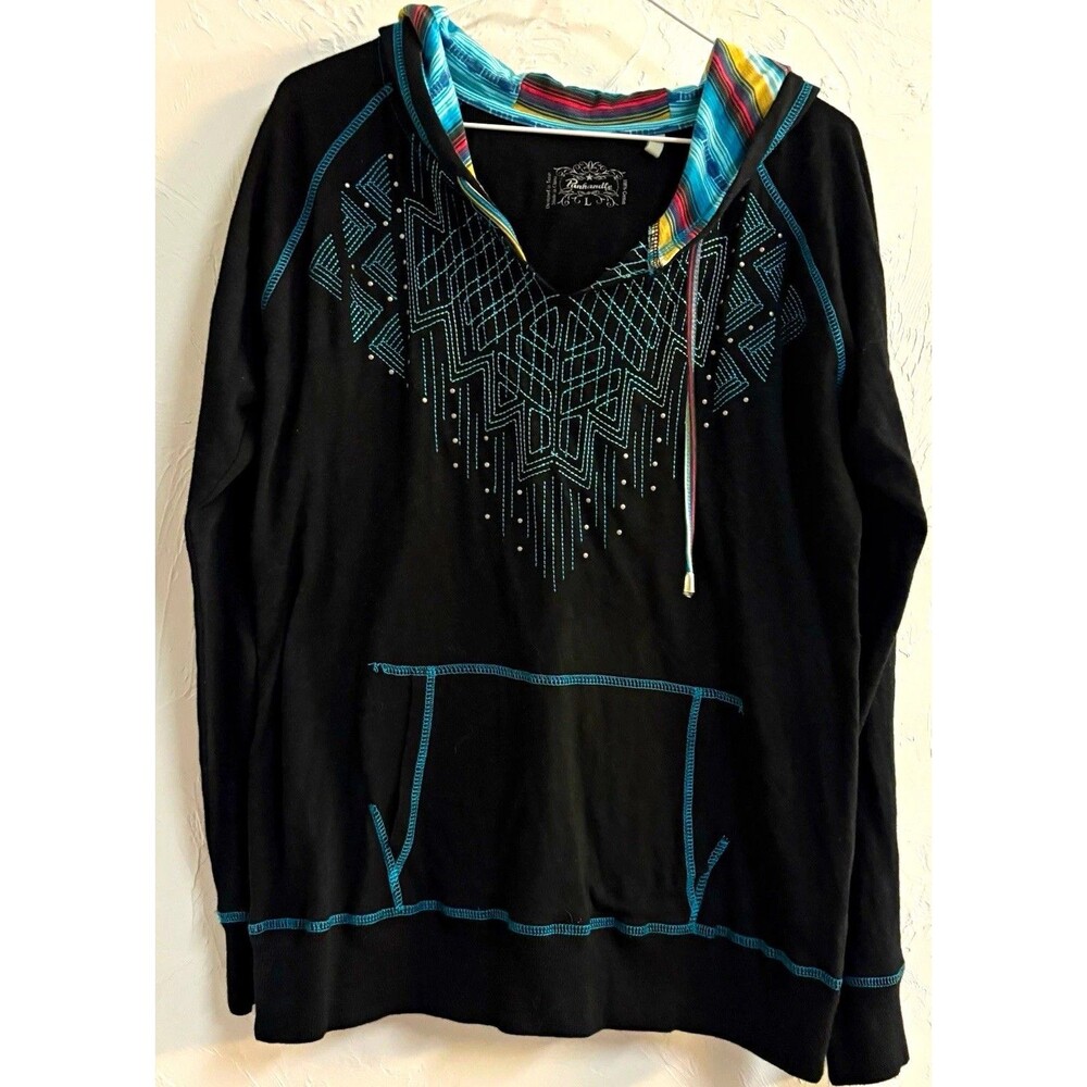 Panhandle Women's Black Multicolor Geometric Studded V-Neck Hoodie L Pockets